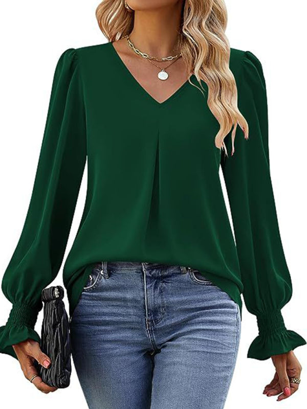 New solid color chiffon shirt V-neck pullover flared long-sleeved top shirt-[Adult]-[Female]-2022 Online Blue Zone Planet