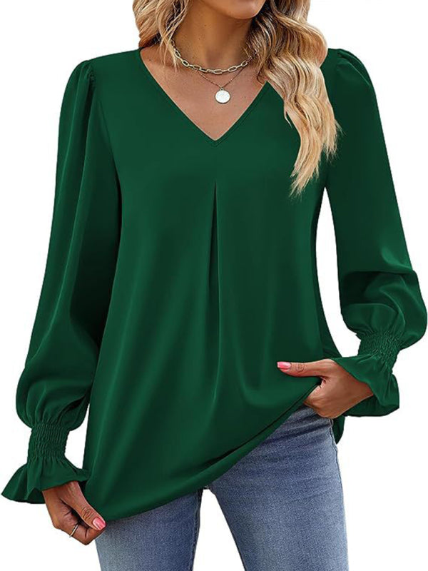 New solid color chiffon shirt V-neck pullover flared long-sleeved top shirt-[Adult]-[Female]-2022 Online Blue Zone Planet