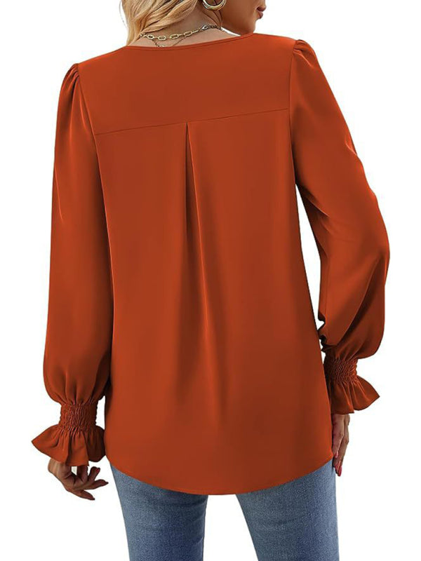 New solid color chiffon shirt V-neck pullover flared long-sleeved top shirt-[Adult]-[Female]-2022 Online Blue Zone Planet