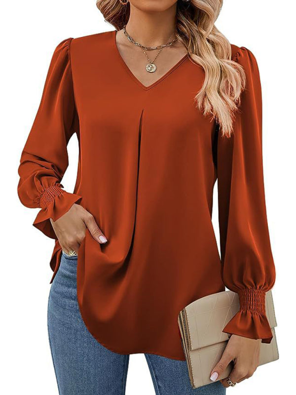 New solid color chiffon shirt V-neck pullover flared long-sleeved top shirt-[Adult]-[Female]-caramel-S-2022 Online Blue Zone Planet