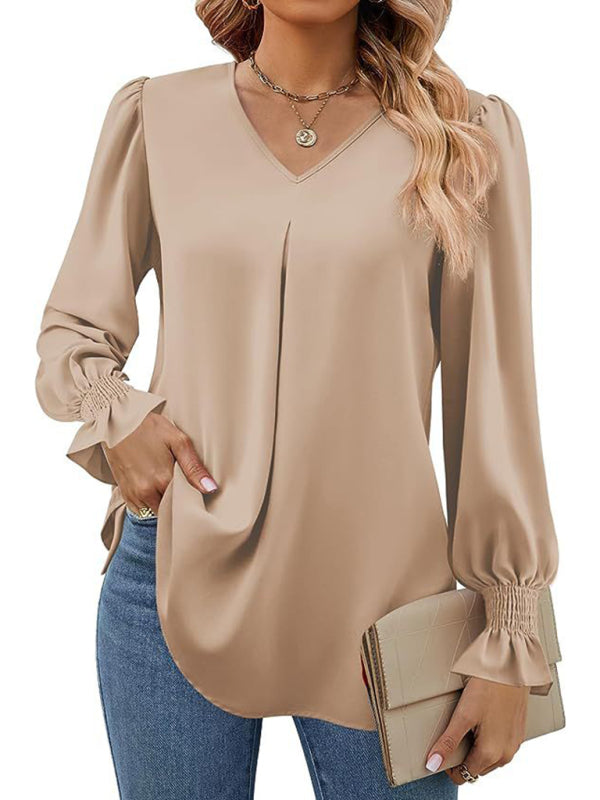 New solid color chiffon shirt V-neck pullover flared long-sleeved top shirt-[Adult]-[Female]-2022 Online Blue Zone Planet