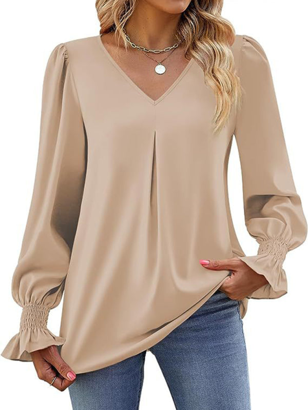 New solid color chiffon shirt V-neck pullover flared long-sleeved top shirt-[Adult]-[Female]-2022 Online Blue Zone Planet