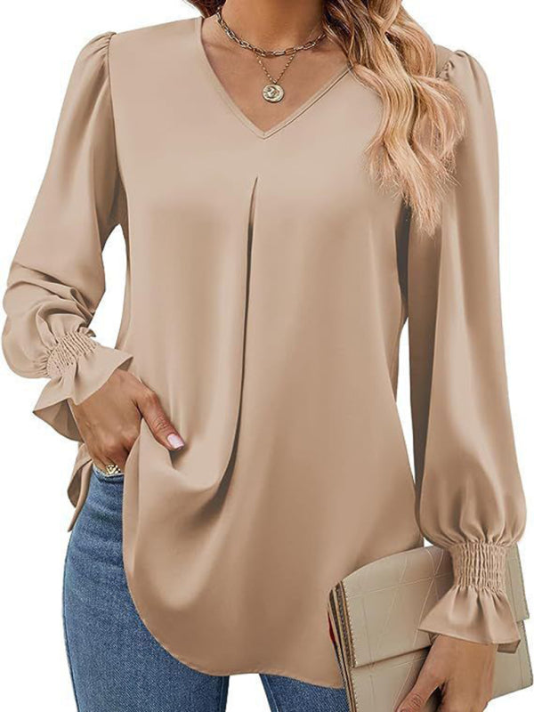 New solid color chiffon shirt V-neck pullover flared long-sleeved top shirt-[Adult]-[Female]-Khaki-S-2022 Online Blue Zone Planet