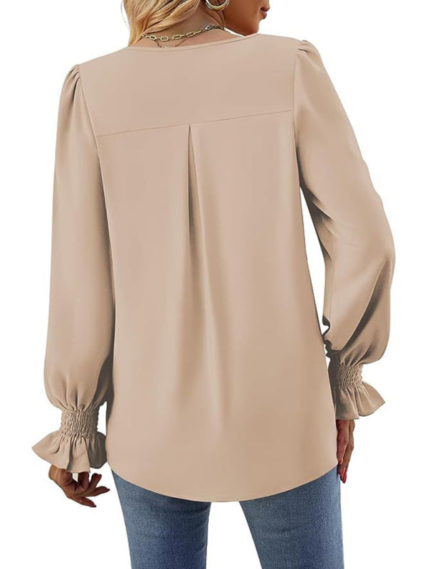 New solid color chiffon shirt V-neck pullover flared long-sleeved top shirt-[Adult]-[Female]-2022 Online Blue Zone Planet