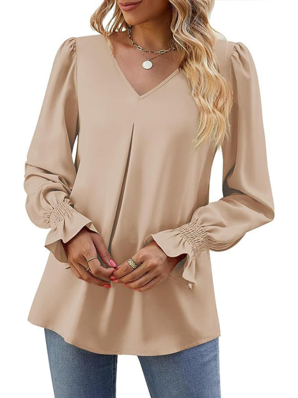 New solid color chiffon shirt V-neck pullover flared long-sleeved top shirt-[Adult]-[Female]-2022 Online Blue Zone Planet