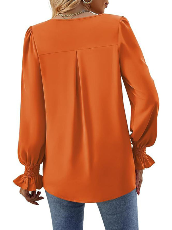 New solid color chiffon shirt V-neck pullover flared long-sleeved top shirt-[Adult]-[Female]-2022 Online Blue Zone Planet