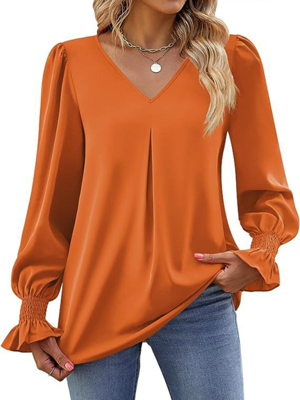 New solid color chiffon shirt V-neck pullover flared long-sleeved top shirt-[Adult]-[Female]-2022 Online Blue Zone Planet