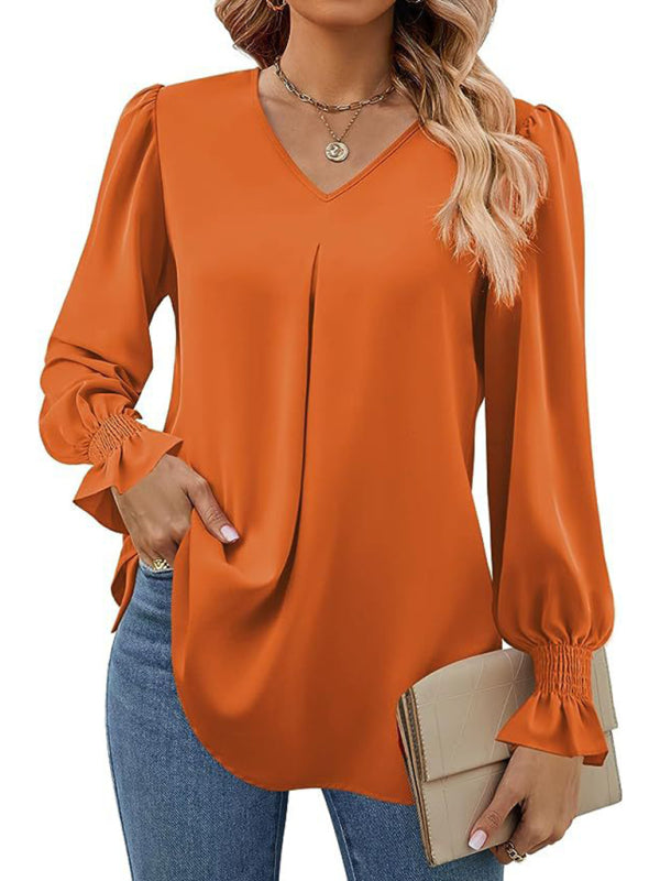 New solid color chiffon shirt V-neck pullover flared long-sleeved top shirt-[Adult]-[Female]-Orange-S-2022 Online Blue Zone Planet