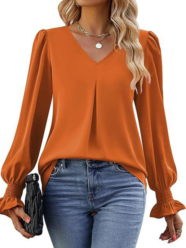 New solid color chiffon shirt V-neck pullover flared long-sleeved top shirt-[Adult]-[Female]-2022 Online Blue Zone Planet