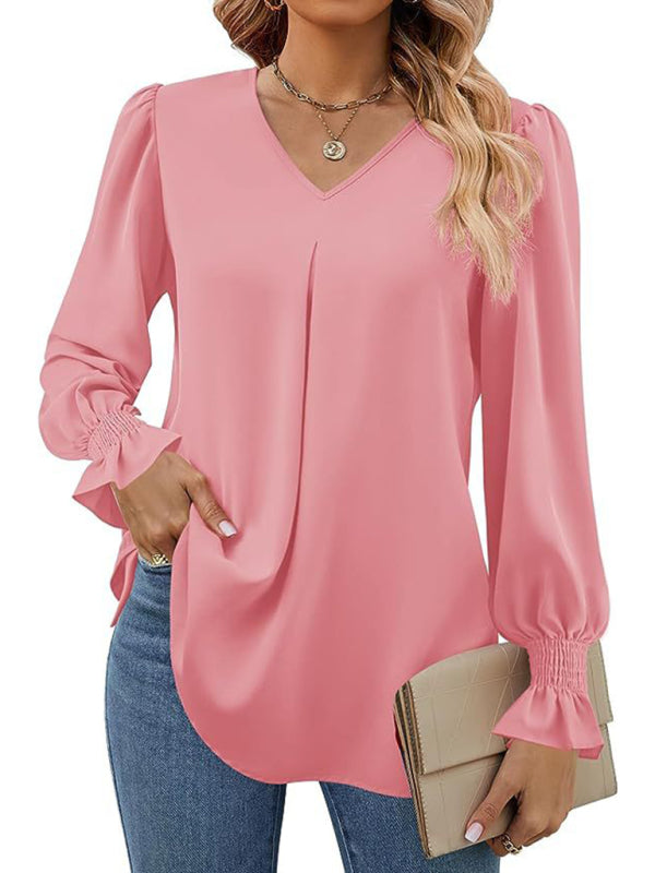 New solid color chiffon shirt V-neck pullover flared long-sleeved top shirt-[Adult]-[Female]-2022 Online Blue Zone Planet