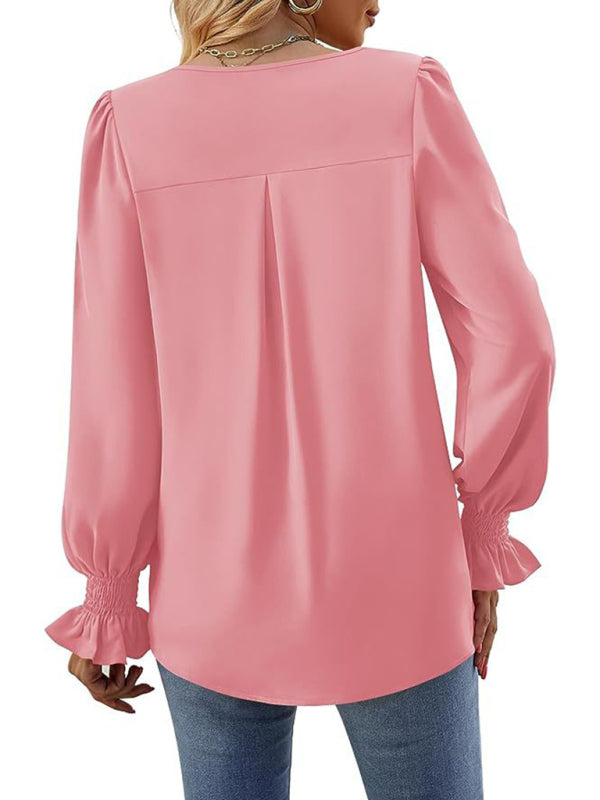 New solid color chiffon shirt V-neck pullover flared long-sleeved top shirt-[Adult]-[Female]-2022 Online Blue Zone Planet