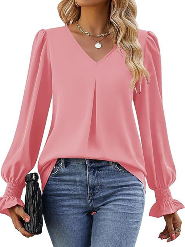 New solid color chiffon shirt V-neck pullover flared long-sleeved top shirt-[Adult]-[Female]-2022 Online Blue Zone Planet