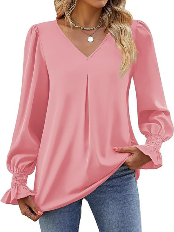 New solid color chiffon shirt V-neck pullover flared long-sleeved top shirt-[Adult]-[Female]-2022 Online Blue Zone Planet