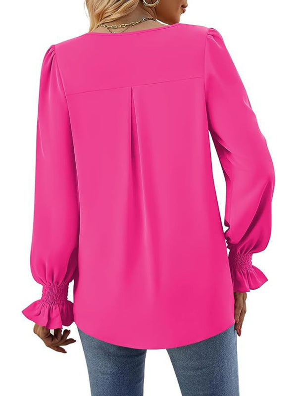 New solid color chiffon shirt V-neck pullover flared long-sleeved top shirt-[Adult]-[Female]-2022 Online Blue Zone Planet