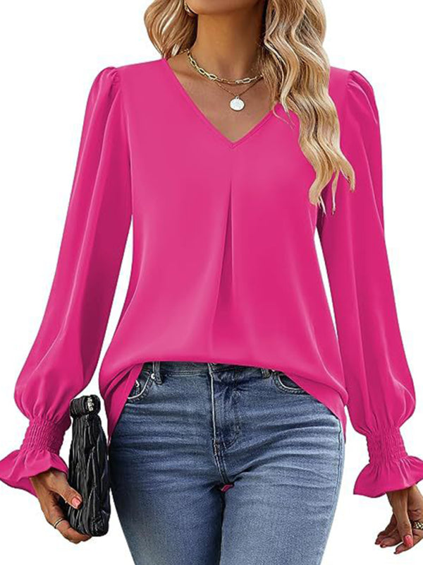 New solid color chiffon shirt V-neck pullover flared long-sleeved top shirt-[Adult]-[Female]-2022 Online Blue Zone Planet