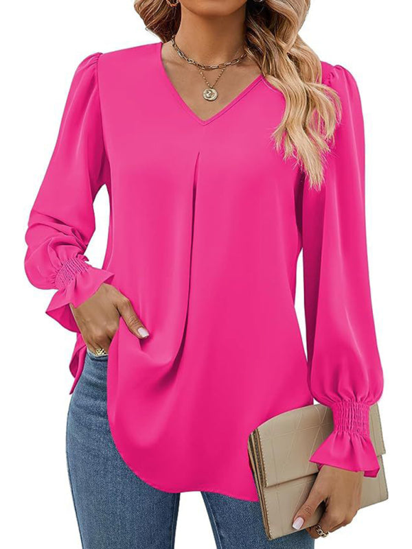 New solid color chiffon shirt V-neck pullover flared long-sleeved top shirt-[Adult]-[Female]-Rose-S-2022 Online Blue Zone Planet