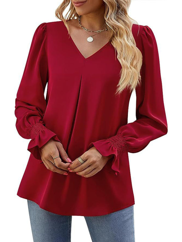 New solid color chiffon shirt V-neck pullover flared long-sleeved top shirt-[Adult]-[Female]-2022 Online Blue Zone Planet