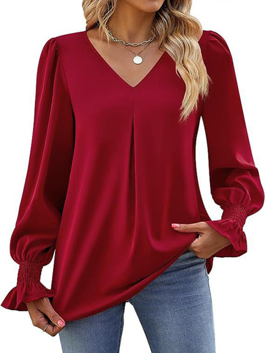 New solid color chiffon shirt V-neck pullover flared long-sleeved top shirt-[Adult]-[Female]-Wine Red-S-2022 Online Blue Zone Planet