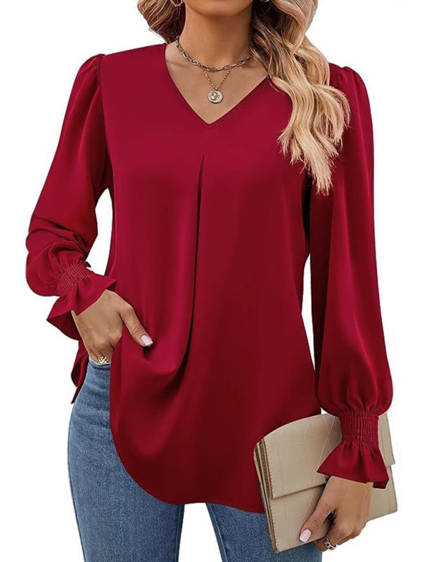 New solid color chiffon shirt V-neck pullover flared long-sleeved top shirt-[Adult]-[Female]-2022 Online Blue Zone Planet