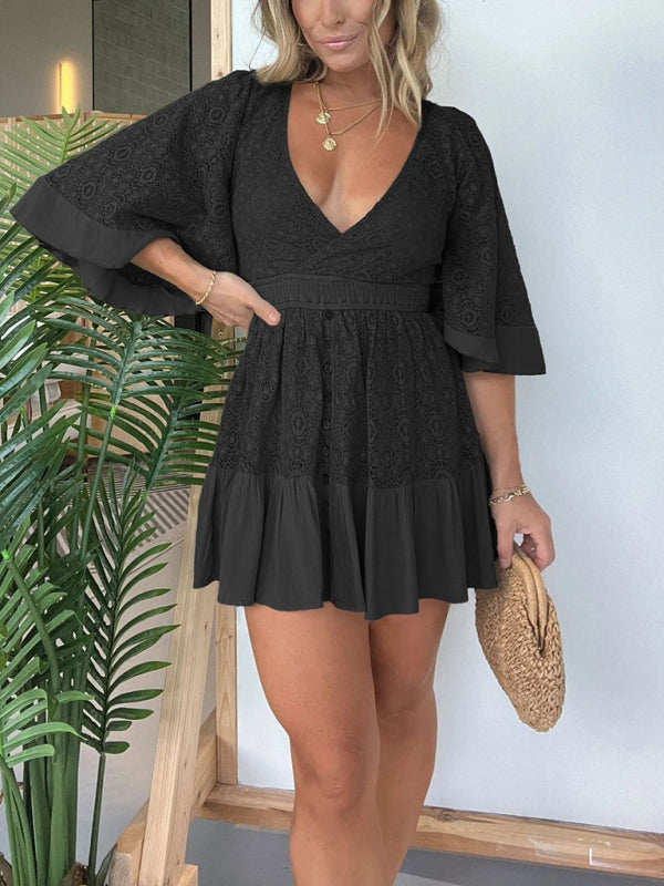 Blue Planet | New women's lace patchwork bat sleeve dress - Blue Black / L by Blue Zone Planet Blue Planet | New women's lace patchwork bat sleeve dress - Blue Black / L by Blue Zone Planet