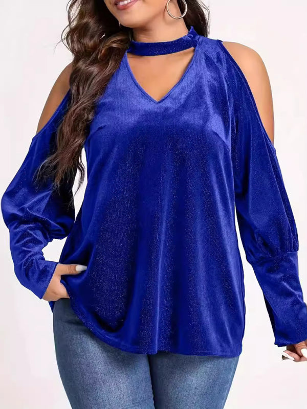 Christmas New Year holiday new style sequined v-neck loose long-sleeved top-[Adult]-[Female]-Blue-S-2022 Online Blue Zone Planet