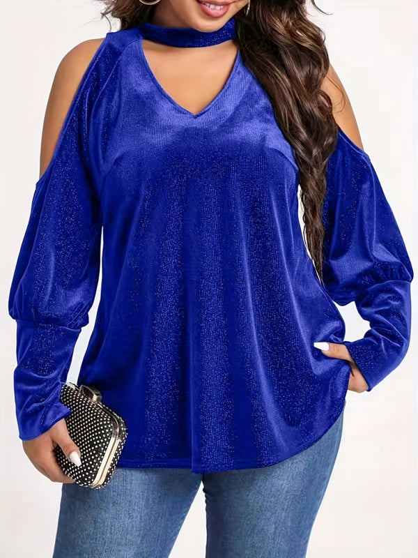 Christmas New Year holiday new style sequined v-neck loose long-sleeved top-[Adult]-[Female]-2022 Online Blue Zone Planet