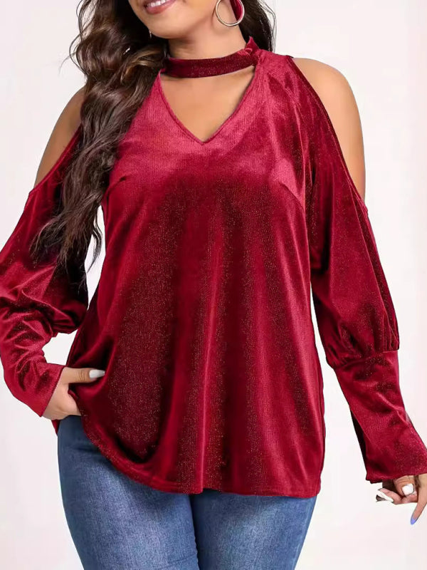 Christmas New Year holiday new style sequined v-neck loose long-sleeved top-[Adult]-[Female]-Wine Red-S-2022 Online Blue Zone Planet