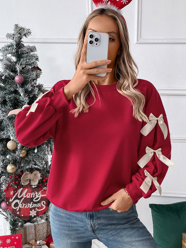 New Round Neck Bow Red Christmas Sweater-[Adult]-[Female]-2022 Online Blue Zone Planet