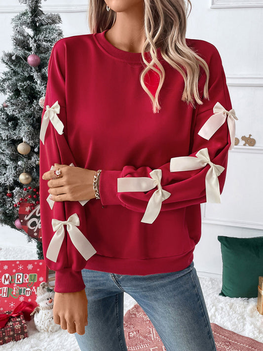 New Round Neck Bow Red Christmas Sweater-[Adult]-[Female]-Red-S-2022 Online Blue Zone Planet