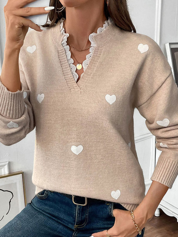 Love round neck sweater Valentine's Day V-neck splicing lace pullover sweater-[Adult]-[Female]-2022 Online Blue Zone Planet