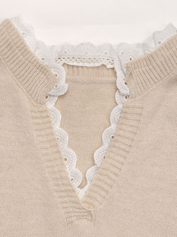 Love round neck sweater Valentine's Day V-neck splicing lace pullover sweater-[Adult]-[Female]-2022 Online Blue Zone Planet