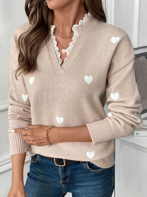 Love round neck sweater Valentine's Day V-neck splicing lace pullover sweater-[Adult]-[Female]-2022 Online Blue Zone Planet