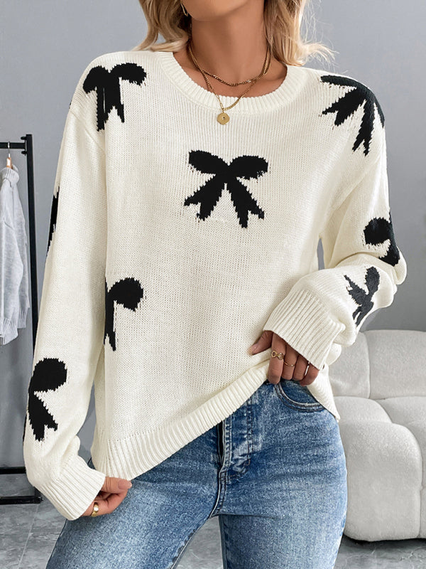 Round Neck Bow Jacquard Autumn and Winter Sweater-[Adult]-[Female]-2022 Online Blue Zone Planet