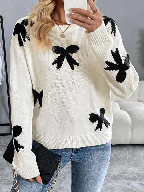 Round Neck Bow Jacquard Autumn and Winter Sweater-[Adult]-[Female]-2022 Online Blue Zone Planet