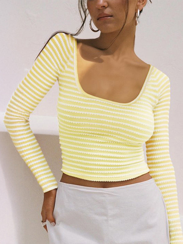 Y2K Navel-exposed Slim Fit U-neck Two-color Striped Long-sleeved Knitted T-shirt-[Adult]-[Female]-Yellow-S-2022 Online Blue Zone Planet