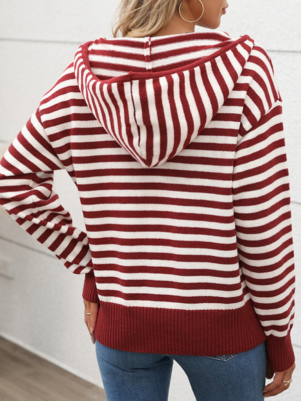 V-neck striped pullover sweater half-open hooded sweater-[Adult]-[Female]-2022 Online Blue Zone Planet