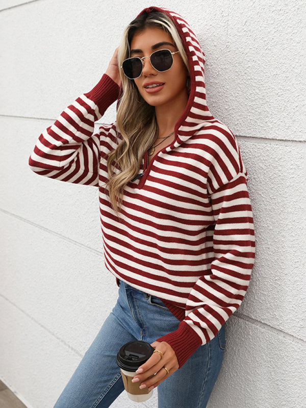 V-neck striped pullover sweater half-open hooded sweater-[Adult]-[Female]-2022 Online Blue Zone Planet