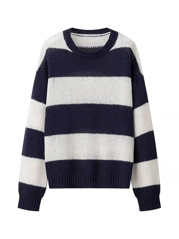 Casual crew neck long sleeve striped sweater top-[Adult]-[Female]-2022 Online Blue Zone Planet