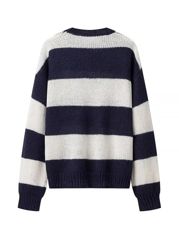 Casual crew neck long sleeve striped sweater top-[Adult]-[Female]-2022 Online Blue Zone Planet