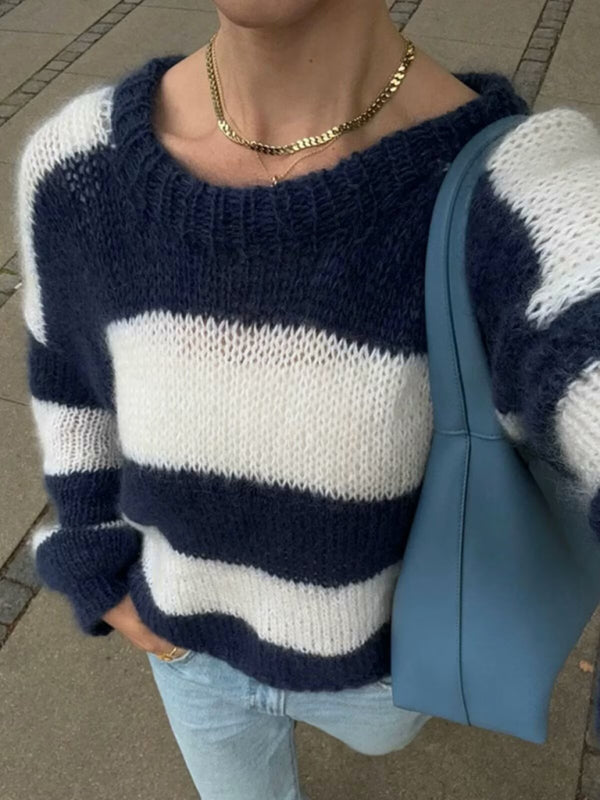 Casual crew neck long sleeve striped sweater top-[Adult]-[Female]-2022 Online Blue Zone Planet