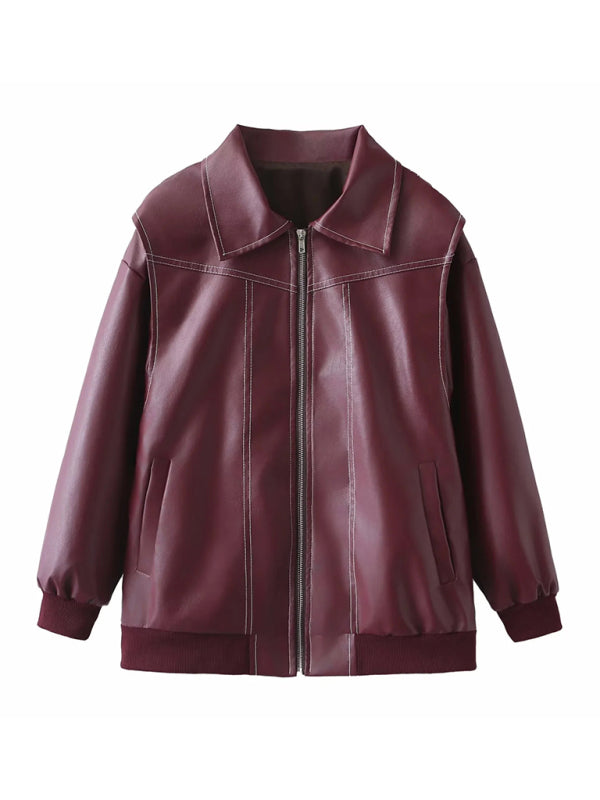 Blue Zone Planet | Vintage PU Leather Motorcycle Jacket-[Adult]-[Female]-Wine Red-S-2022 Online Blue Zone Planet