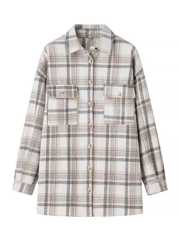 Lapel plaid jacket shirt-[Adult]-[Female]-Grey-S-2022 Online Blue Zone Planet