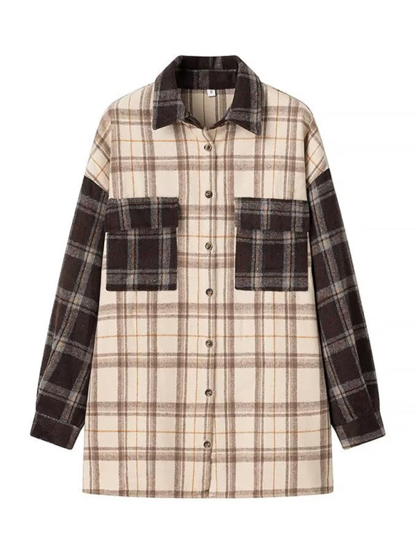 Colorblock Check Shirt Jacket-[Adult]-[Female]-2022 Online Blue Zone Planet