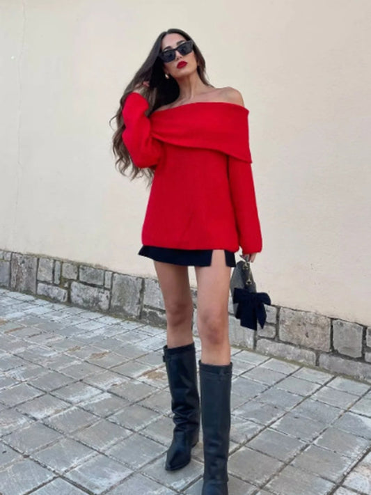 Simple off-shoulder long-sleeved sweater top-[Adult]-[Female]-Red-S-2022 Online Blue Zone Planet