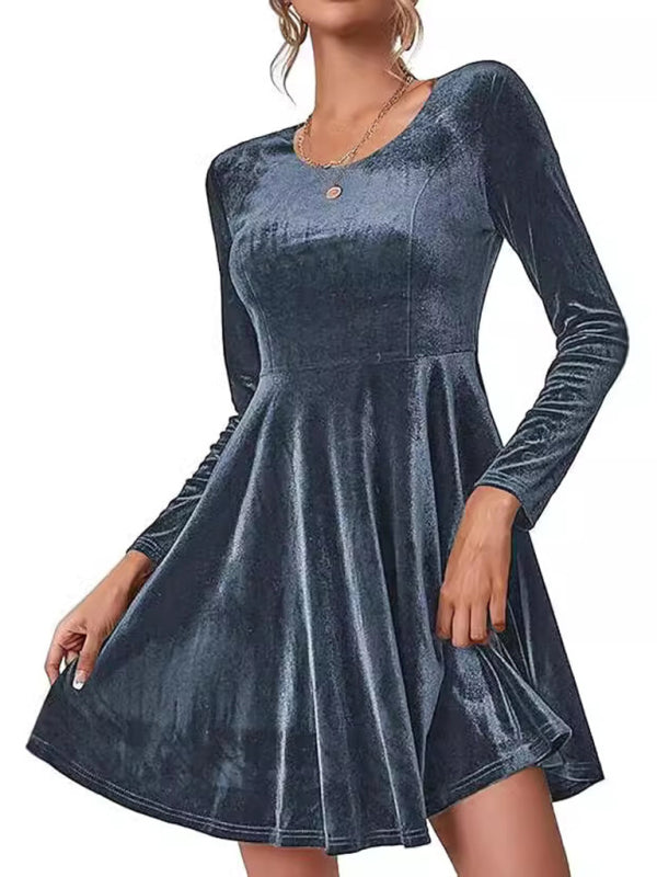 Blue Zone Planet | Christmas Long-sleeved Round Neck Velvet Mini Dress-TOPS / DRESSES-[Adult]-[Female]-2022 Online Blue Zone Planet