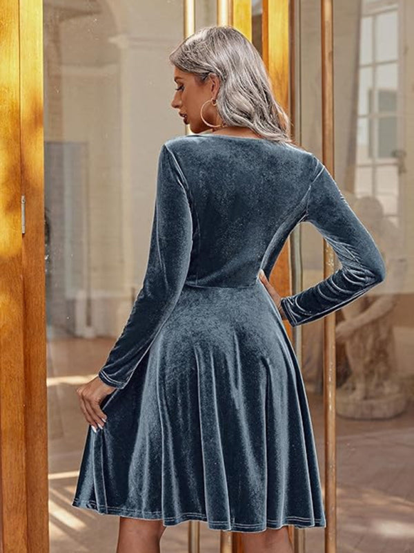 Blue Zone Planet | Christmas Long-sleeved Round Neck Velvet Mini Dress-TOPS / DRESSES-[Adult]-[Female]-2022 Online Blue Zone Planet