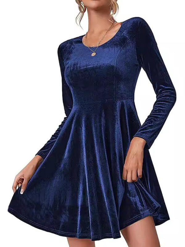 Blue Zone Planet | Christmas Long-sleeved Round Neck Velvet Mini Dress-TOPS / DRESSES-[Adult]-[Female]-2022 Online Blue Zone Planet