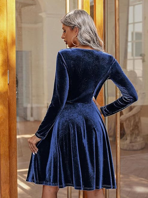 Blue Zone Planet | Christmas Long-sleeved Round Neck Velvet Mini Dress-TOPS / DRESSES-[Adult]-[Female]-2022 Online Blue Zone Planet