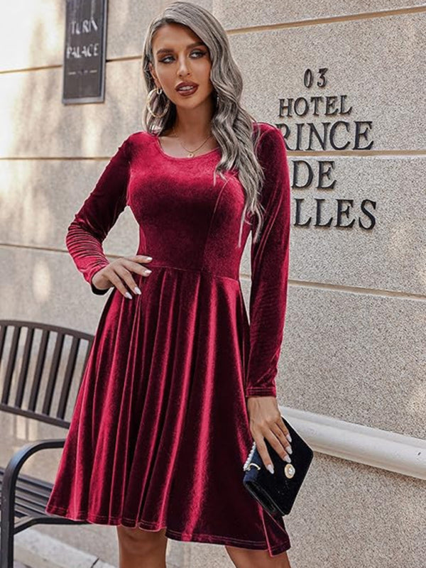 Blue Zone Planet | Christmas Long-sleeved Round Neck Velvet Mini Dress-TOPS / DRESSES-[Adult]-[Female]-Wine Red-S-2022 Online Blue Zone Planet