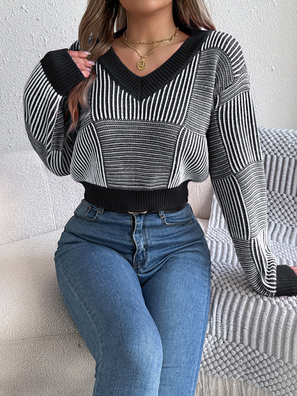 Blue Zone Planet | Casual striped lantern sleeve pullover with exposed belly button sweater-[Adult]-[Female]-2022 Online Blue Zone Planet